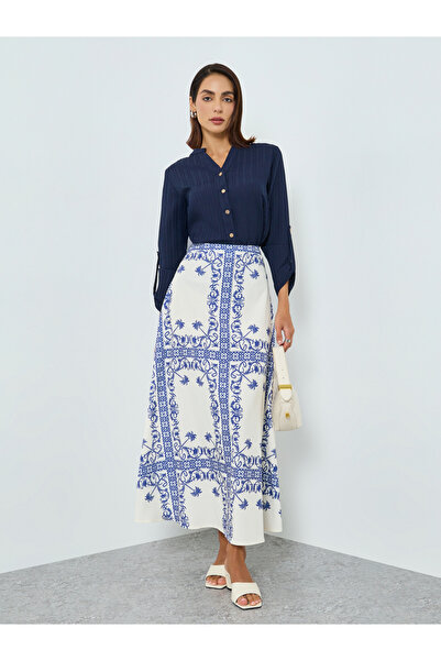 Take Two By Styli Women Blue Print Midi A-Line Skirt