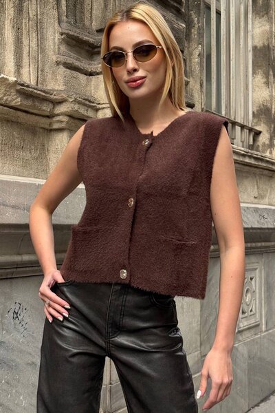 Trend Alaçatı Stili Women's bitter brown double pocketed gold buttoned soft v...