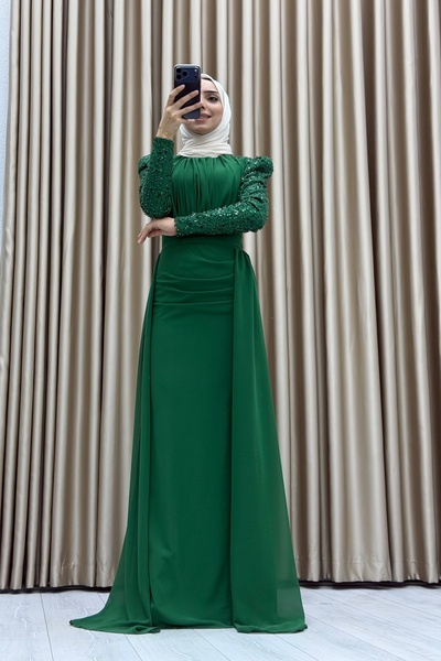 Matik Abiyem Long Sleeve Draped Detailed Chiffon Evening Dress