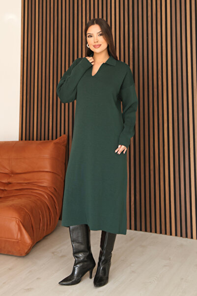 ALCHON V-Neckline Off-Shoulder Long-Sleeved Knee-Length Midi Plain Basic Rela...