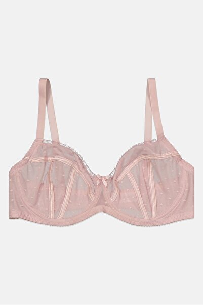 Ivory Rose Women Curve Textured Non Padded Lace Bra, Peach