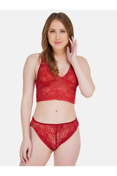 Hill Islands By Styli Women Red Lace Lace Bralette and Bikini Set