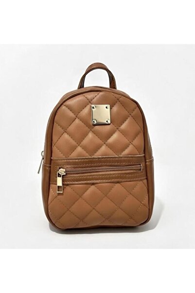 Markasız ucuz Women's brown quilted backpack with zipper and gold details