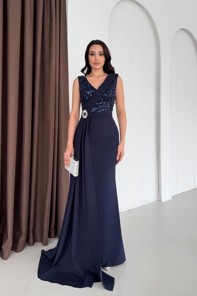 Serica Moda Navy Blue Waist Detailed Sequin Embroidered Evening Dress