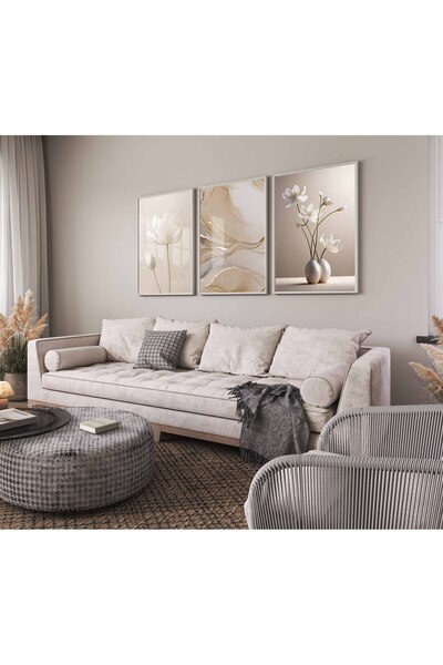 bestablo Minimal Floral Patterned 3-Piece Wooden Painting Set |   Modern Livi...