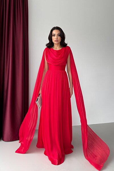 Serica Moda Rochie de seară lungă din șifon roșu, cu mâneci pelerina