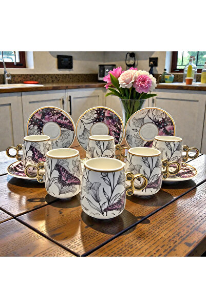 Sudedi Home Sudedi Floral Renkli Yaldızlı 6 Kişilik Kahve Fincan Takımı