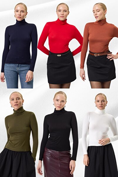 Rays 6-Piece Turtleneck Blouse Black-White-Navy-Brick-Khaki-Red 2504