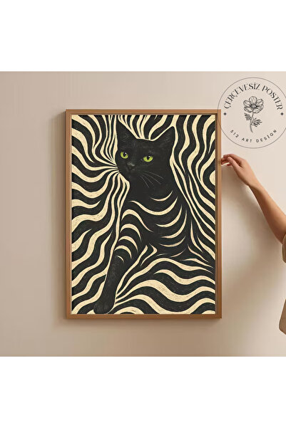512 STORE Siyah Beyaz Çizgi Kedi Tasarım Çerçevesiz Kuşe Kağıt Poster Estetik...