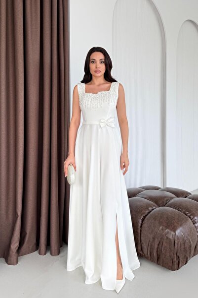 Serica Moda White Asymmetrical Neckline Stone Embroidered Evening Dress