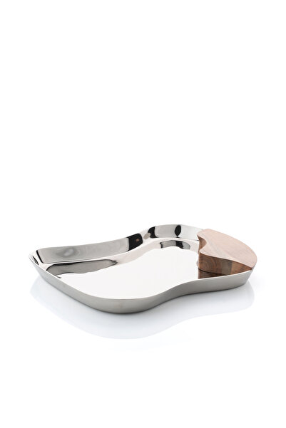 Blends صينية تقديم فضية بمقبض خشبي