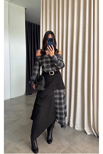 Friday Mood Women's Suede Detailed Belted Madonna Collar Plaid Dress