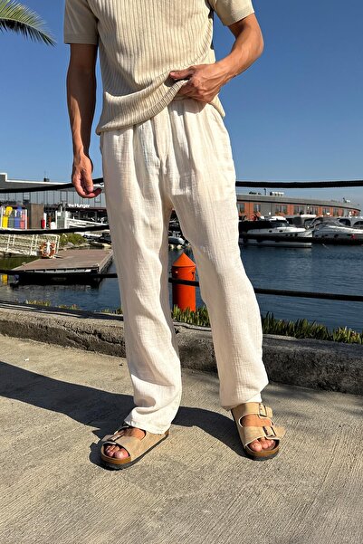 Flaw Wear Elastic Waist Comfortable Baggy Trousers Beige