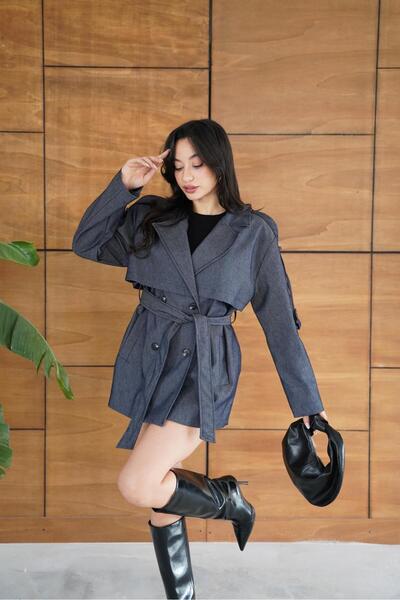 Nazline Women's Anthracite Belted Double Pocket Lined Short Coat Alc-X148841