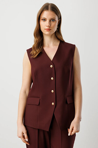 Ekol Women's Plus Size V-Neck Vest with Cover Pockets 5527 Burgundy