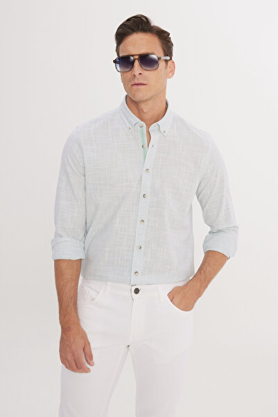 ALTINYILDIZ CLASSICS Men's Khaki Slim Fit Narrow Cut Button Collar Linen Look...