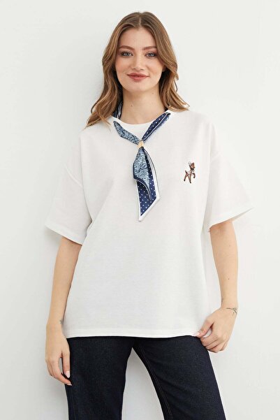 Fulla Moda Scarf Detailed Crew Neck Embroidered Oversized T-Shirt