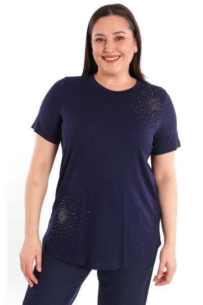 SERTUĞ بلوزة تريند42بلس مقاس كبير مطبوع باللون الأزرق الداكن