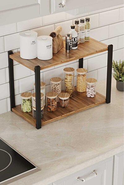 WOODENSA Mutfak Tezgah Üstü baharatlık kavanozluk 2 Yüksek Raflı Banyo rafı M...