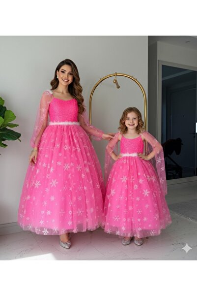 PERİLİ AYLİZ Anne kız kombini pembe Elsa Frozen Kostüm Karlar Kraliçe Asa Set...