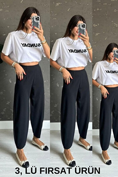 FEVİLLE 3'LÜ Kadın Siyah Şalvar Model Balon Pantolon