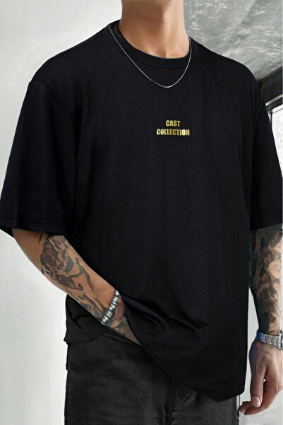 Erkek Siyah Gold Baskılı Oversize T-Shırt