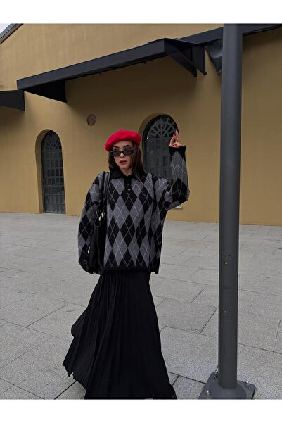 minaaise Women's Black Oversized Fleece-Lined Plaid Polo Neck Sweater 5593