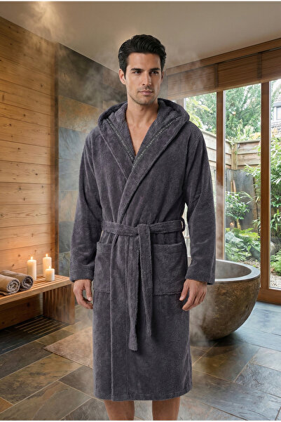 Motif Mağaza İHRAÇ FAZLASI Kapüşonlu Cepli Erkek Bornoz -HAFİF DEFOLUDUR.-