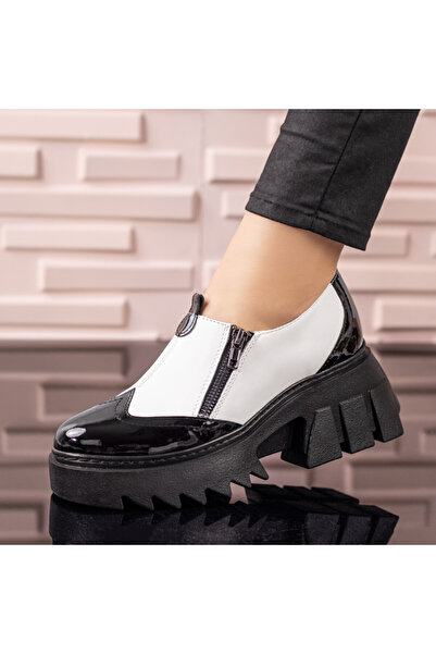 Modlet.ro Women's white and black leather casual shoes with thick sole MOD09640