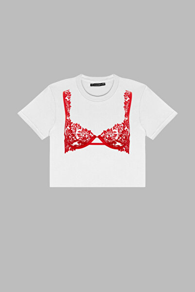 Sekizbiraltı Red Bra Printed White Crop Top