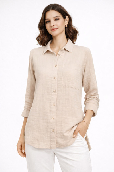 Nuevo Γυναικείο πουκάμισο εκρού μουσελίνας – Με τσέπες, με κουμπιά, μακρυμάνι...