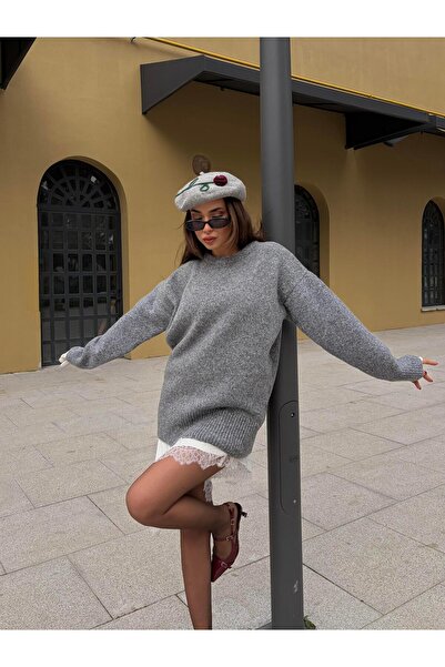 minaaise Women's Anthracite Crew Neck Tunic Oversized Sweater 7035