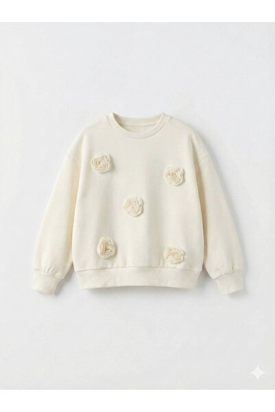 WOWMOMKIDS Girl's Ecru 3D Rose Applique Sweatshirt Stylish Cotton Blouse