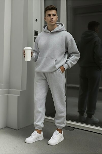 FUFLUNS بدلة رياضية للجنسين بدون طباعة للنساء/الرجال بغطاء رأس مقاس كبير للجز...