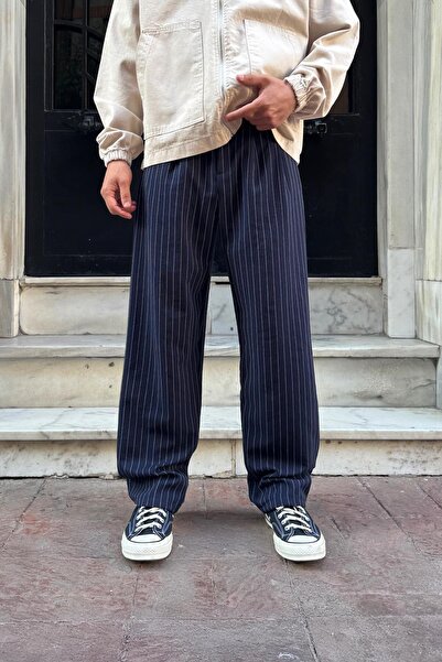 Flaw Wear Striped Vintage Fabric Trousers Navy Blue