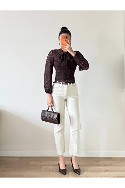 LOCH BUTİK Women's Brown Lace Shawl Detailed Blouse