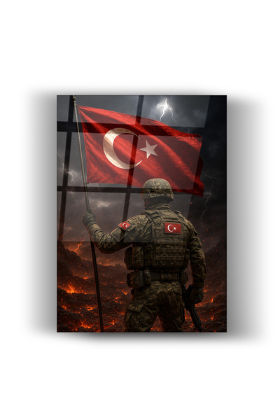 Zerawall Türk Bayrağı ve Asker Figürlü Cam Tablo – Milliyetçi ve Vatan Temalı...