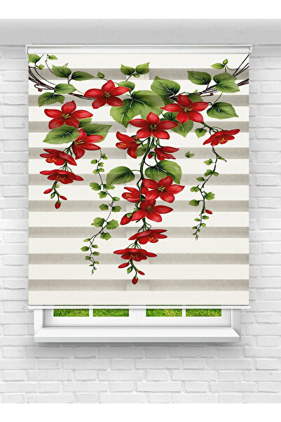 Ay Işığım Kırmızı Çiçek Desenli Dijital Baskılı Zebra Stor Perde