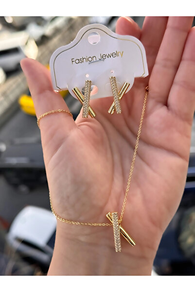 FERRO Sarı Çelik Kadın Küpe ve Kolye Set FRJW10010A-B 2 Yıl Garantili Hediye ...