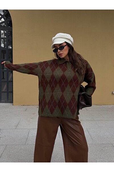 minaaise Women's Khaki Oversized Fleece-Lined Plaid Polo Neck Sweater 5593