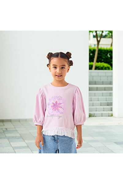 Lee Cooper تيشيرت مزين بتطريزات زهور وأكمام ثلاثة أرباع وتفاصيل مكشكشة