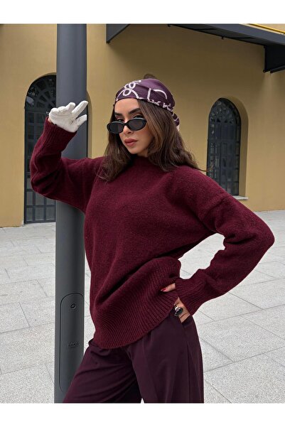 minaaise Women's Burgundy Crew Neck Tunic Oversized Sweater 7035