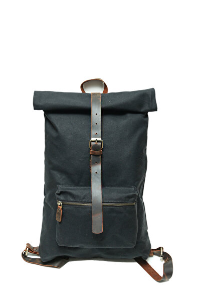 naft Seferi Leather Detailed Canvas Backpack - Black Canvas