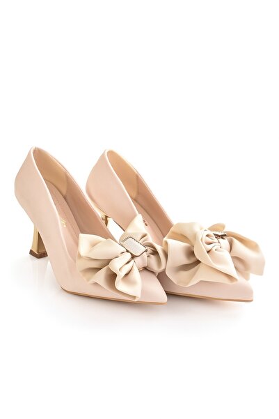 Peta Women's Gold Heel Satin Bow Detailed Heeled Shoes