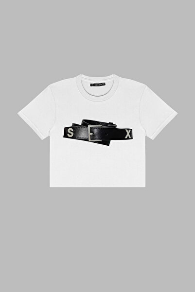 Sekizbiraltı Hot Belt Printed White Crop Top