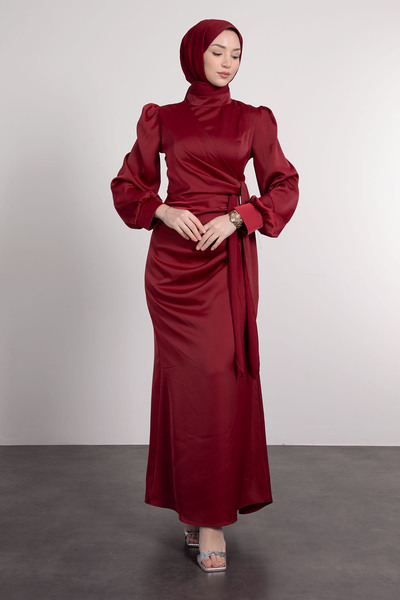 Lamia Giyim Saten Yan Kuşaklı Elbise Bordo