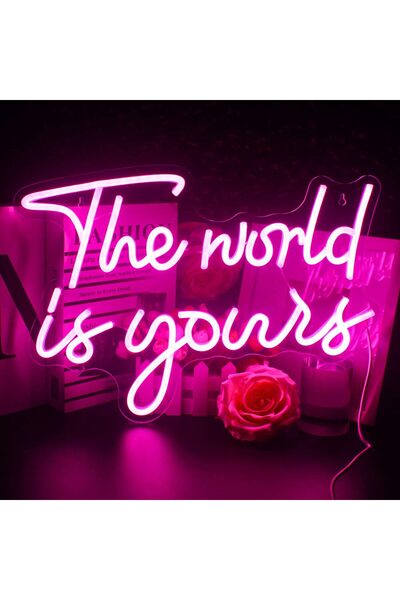 Slasa لوحة نيون مضيئة LED "العالم ملكك" 42×30 سم - ديكور حائط وردي لحفلات الز...