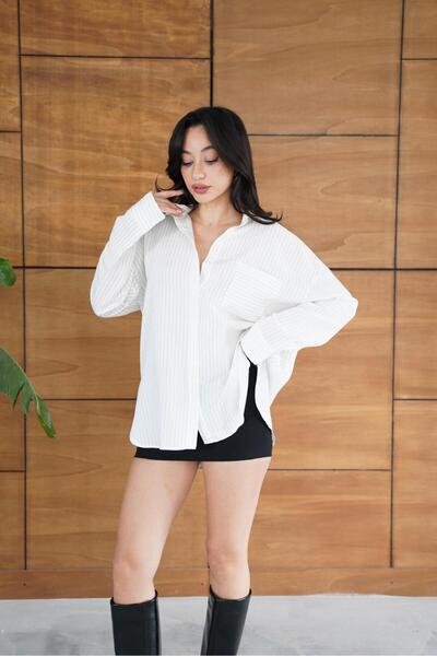 Nazline Women's Pocketed Striped Oversized Shirt Daily Use