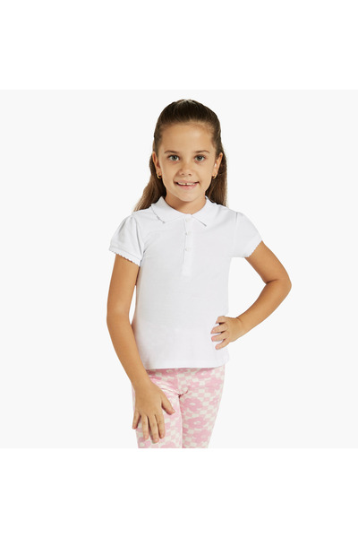 Juniors Solid Polo T-shirt with Short Sleeves and Button Closure