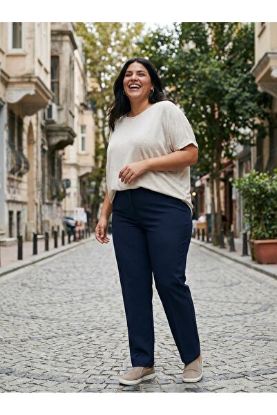 Zeromiss بنطلون أزرق داكن مقاس كبير بقصة ضيقة وقصة كاروت مع مطاطية كاملة